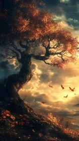 Twilight autumn sentinel bending over a storm-lit horizon.