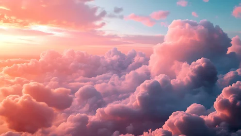 Volumetric cumulus cloudscape under warm pink-orange sunset lighting