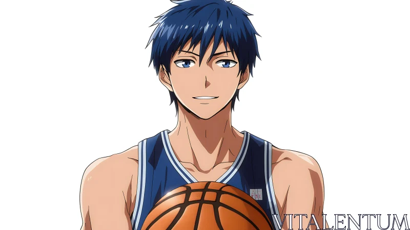 Blue haired anime basketball player holds ball confidently.