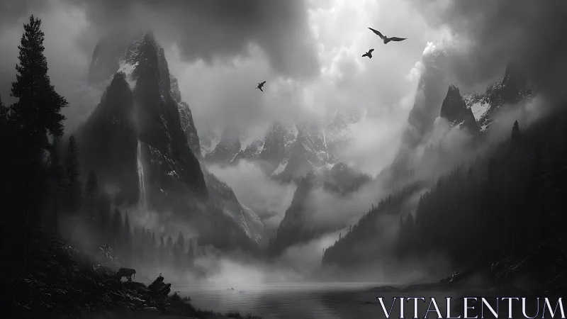 Monochrome alpine valley renders cinematic atmospheric depth