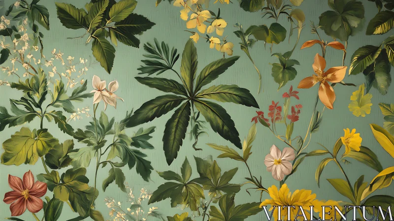 Botanical foliage and flowers on muted teal background.