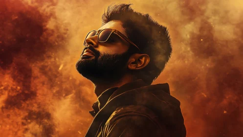 Side profile of man in sunglasses amid orange smoke field.