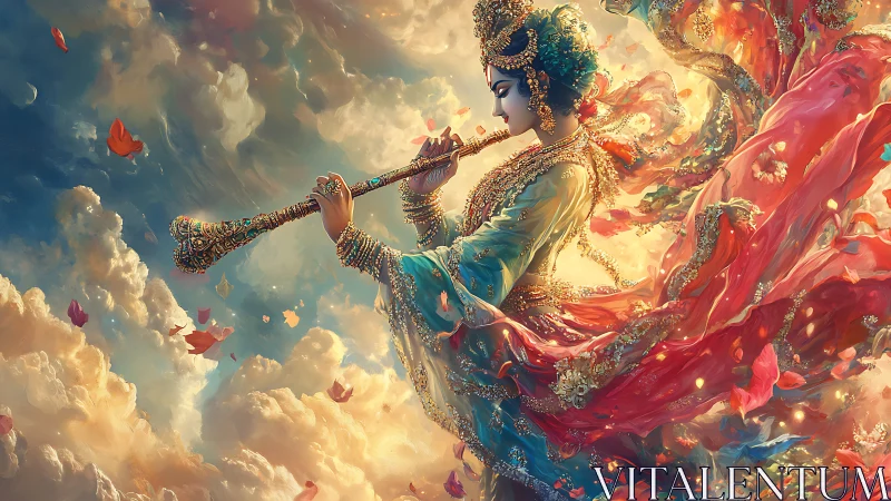 Fantasy digital painting of celestial flutist in swirling clouds.