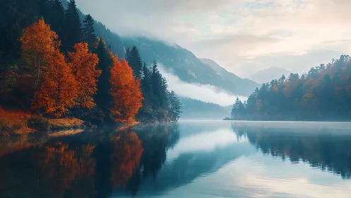 Autumn lake forest reflects across misty mountain valley.