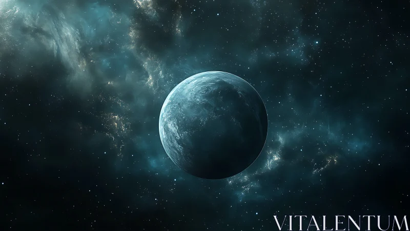 Mystic blue planet drifting softly through starlit space.