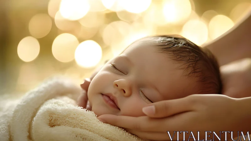 Newborn Child Cradled in Parental Hands Under Warm Bokeh Light