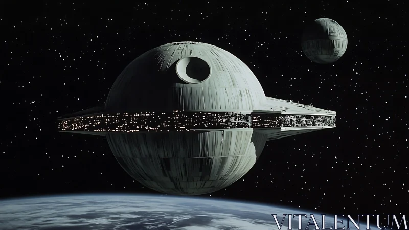 Photorealistic orbital battle station with illuminated equatorial ring.