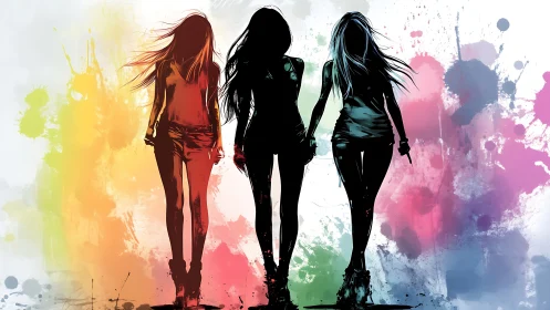 Three women walking in colorful watercolor silhouette style artwork.