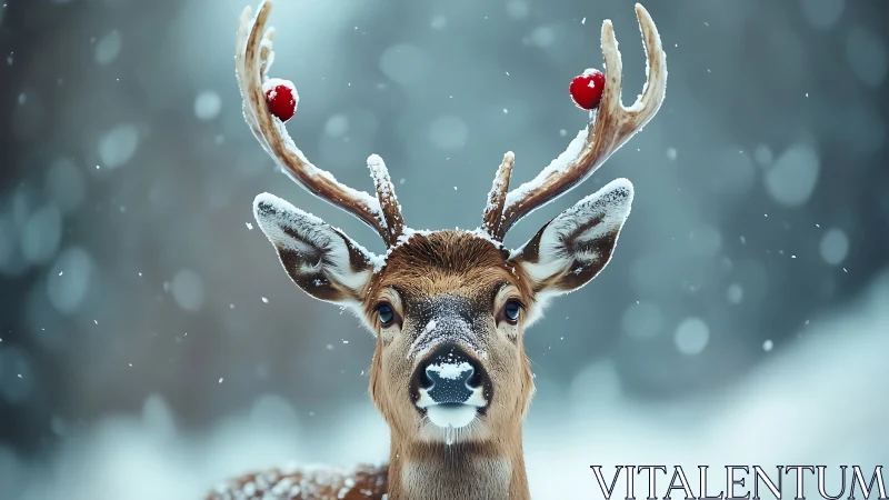 Snow-covered deer with decorated antlers in winter scene.