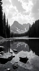 Monochrome alpine lake mirrors rugged snowcapped peaks.