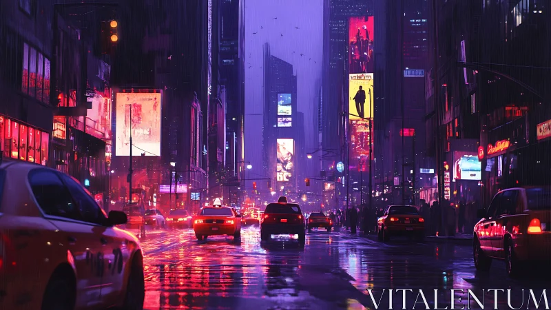 Neon rain choreographs midnight traffic in electric canyons