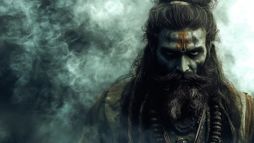 Mystical bearded figure with ash-covered face emerging from smoke