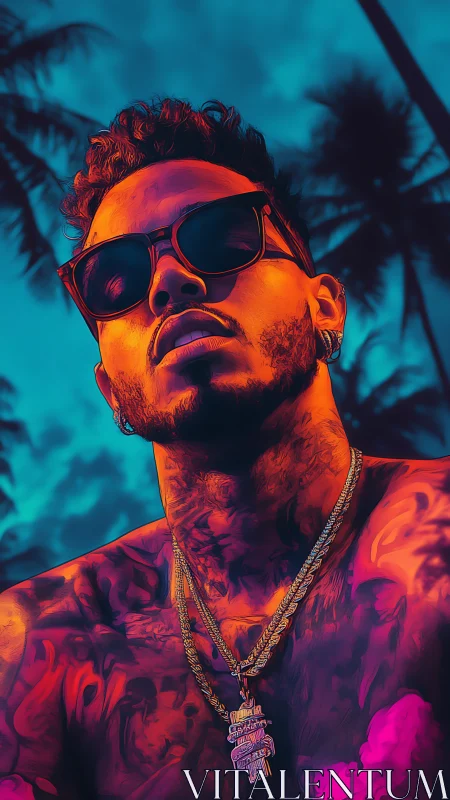 Neon-lit portrait of tattooed man under tropical twilight sky