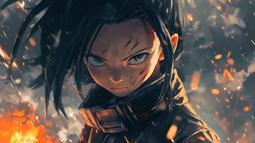 Battle-scarred anime warrior framed by embers and cold smoke