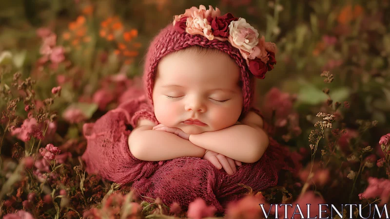 Sleeping Newborn in Floral Field With Pink Bonnet.