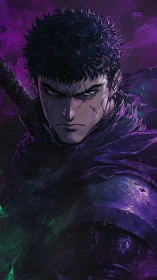 Dark warrior portrait in high-contrast anime rendering.