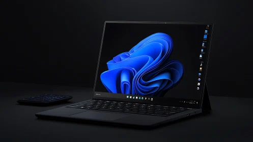 Minimalist dark-mode laptop rendering with blue OS bloom display.