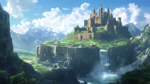 Mountain fortress castle above waterfall and lush valley.