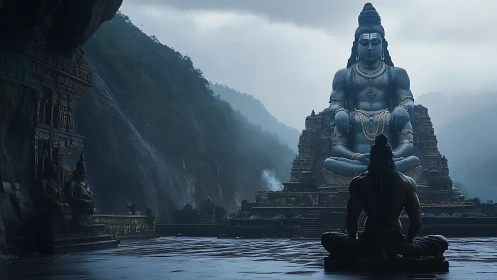 Meditating figure facing colossal blue mountain statue.