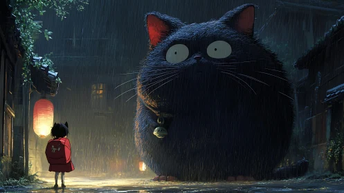Child facing giant black cat spirit in rainy alleyway.