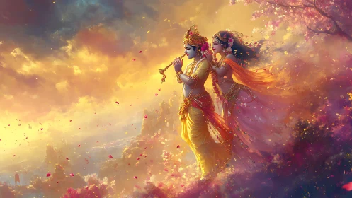 Celestial lovers drifting through a saffron blossom sunset.