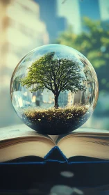 World-tree in a glass sphere blooming from an open book.