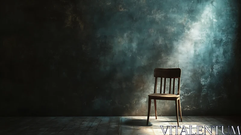 Single wooden chair in volumetric light on distressed wall set.