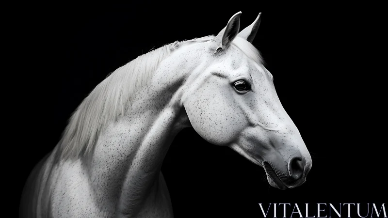 Graceful white horse portrait in stark black studio light.