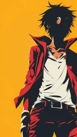 Shadowed anime rebel stands bold against blazing yellow sky