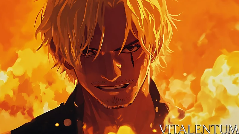 Blond antihero in blazing inferno with cinematic rim light.