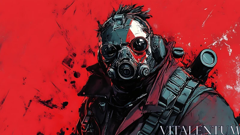 Armored gas-mask soldier rendered with high-contrast graphic brushwork