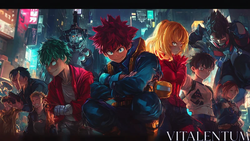 Group of anime heroes stand in neon city street at night