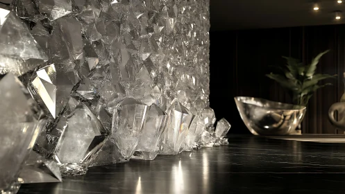 Crystal wall divides a sleek modern interior lounge space.