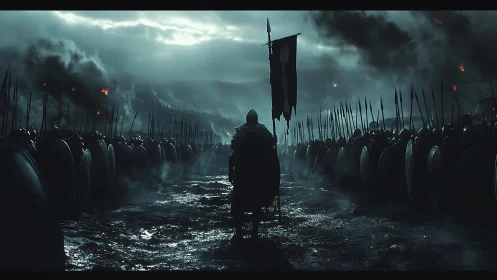 Lone warrior standing bravely between shadowed armies.