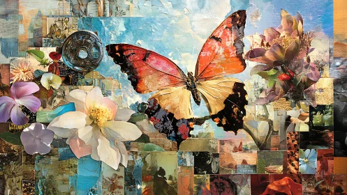Butterfly collage with mixed media flowers and textures.