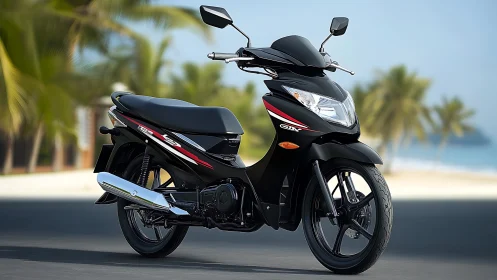 Sleek black beachside scooter poised for sunlit coastal rides.