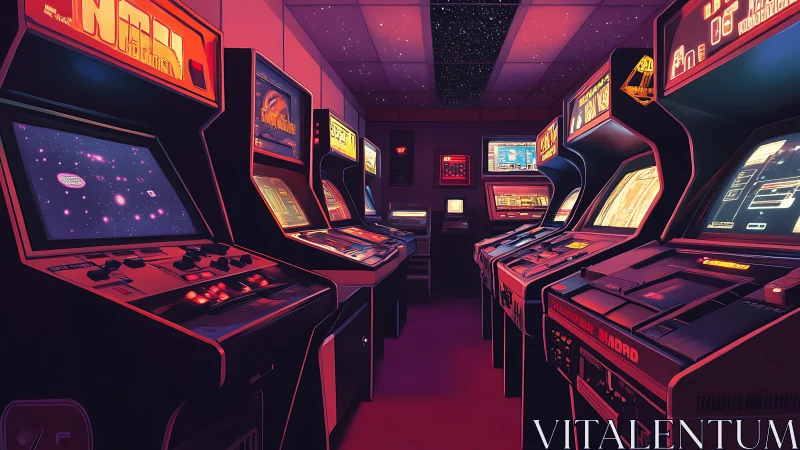 Retro neon arcade hall lined with classic game cabinets.