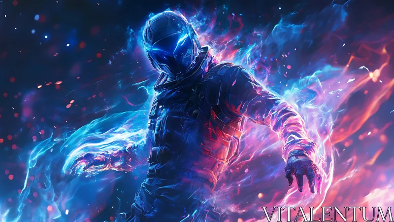 Cybernetic warrior ignites in neon plasma energy field.