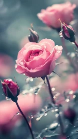 Pink Roses with Water Droplets in Soft Focus Garden Light.