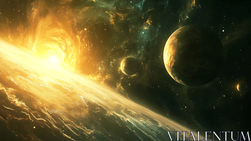 Golden cosmic sunrise over distant swirling planets.