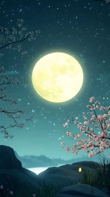 Luminous full moon over stylized cherry creek under starfield.