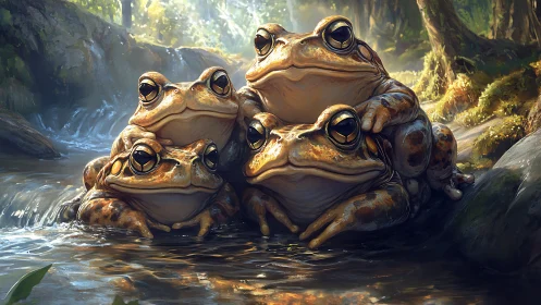 Four photorealistic frogs form clustered group in forest creek