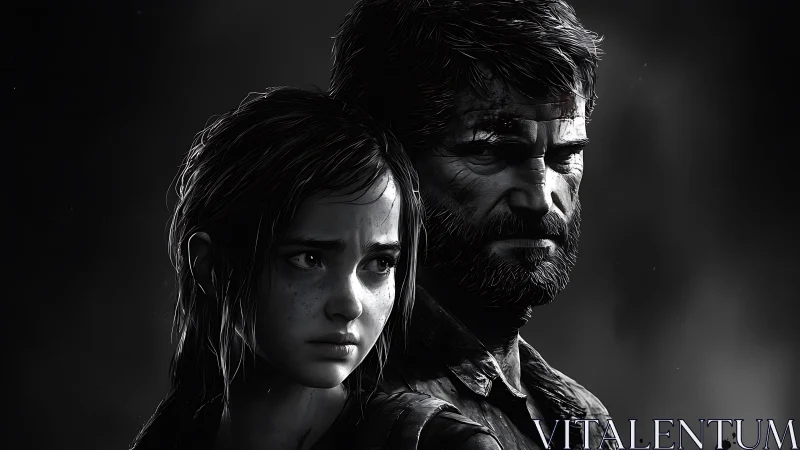 Monochrome close-up portrait of two distressed characters in chiaroscuro