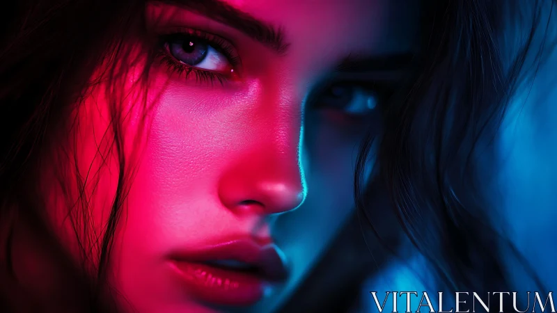 Neon lit close up portrait of woman in pink and blue light.