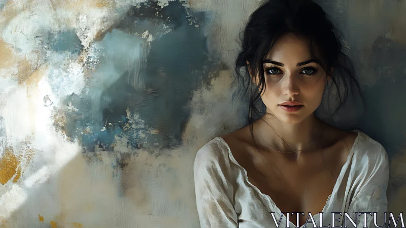 Soft-lit girl against stormy teal canvas of quiet thunder.