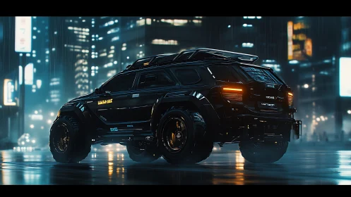 Night-stalking cyber SUV prowls through neon city rain.