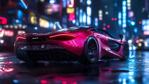 Neon rainstorms crown a crimson supercar in midnight bloom