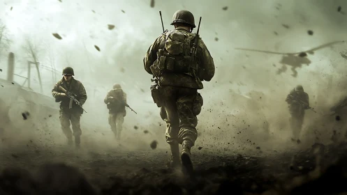 Soldiers advancing through smoke on a battlefield terrain.