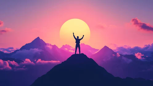 Digital painting of triumphant silhouette atop sunlit peak.
