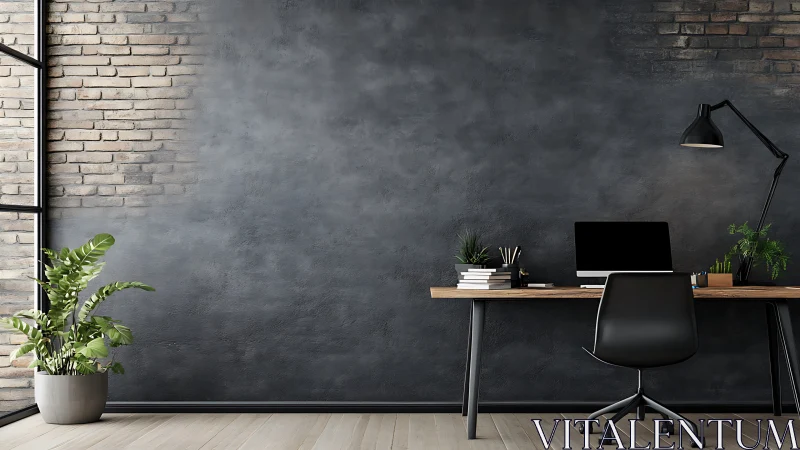 Modern workspace with dark wall, wooden desk and laptop.